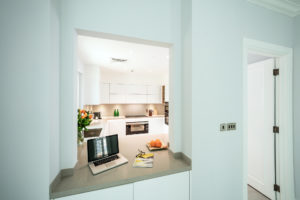 Executed Project, Dubai, Old Town, Business Bay, Schüller C collection, White kitchen with grey countertop