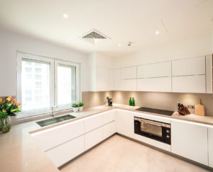 Executed Project, Dubai, Old Town, Business Bay, Schüller C collection, White kitchen with grey countertop