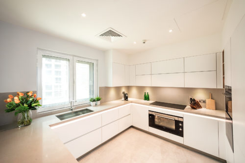 MHE_4648 Executed Project, Dubai, Old Town, Business Bay, Schüller C collection, White kitchen with grey countertop