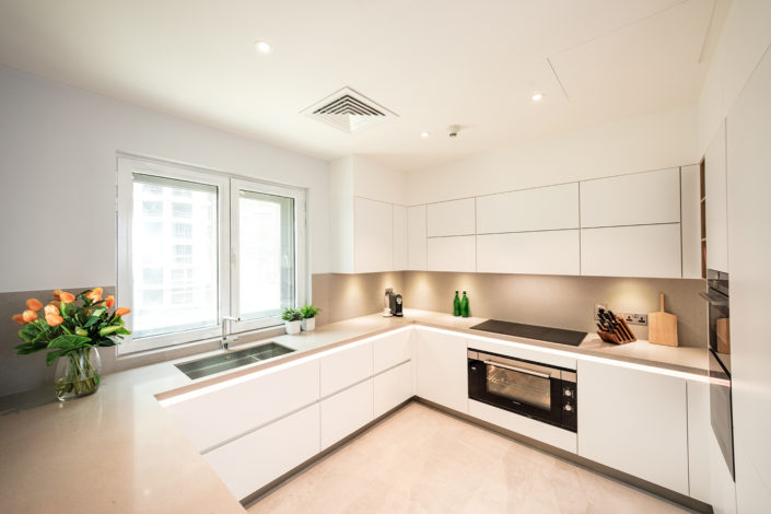 MHE_4648 Executed Project, Dubai, Old Town, Business Bay, Schüller C collection, White kitchen with grey countertop