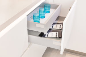 Executed Project, Dubai, Old Town, Business Bay, Schüller C collection, White kitchen with grey countertop, Interior Drawer