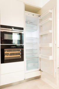 Executed Project, Dubai, Old Town, Business Bay, Schüller C collection, White kitchen with grey countertop, small wine cooler, integrated fridge, Liebherr
