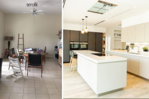 before and after images of a kitchen renovation in dubai by goettling interiors using grey and black schüller kitchens