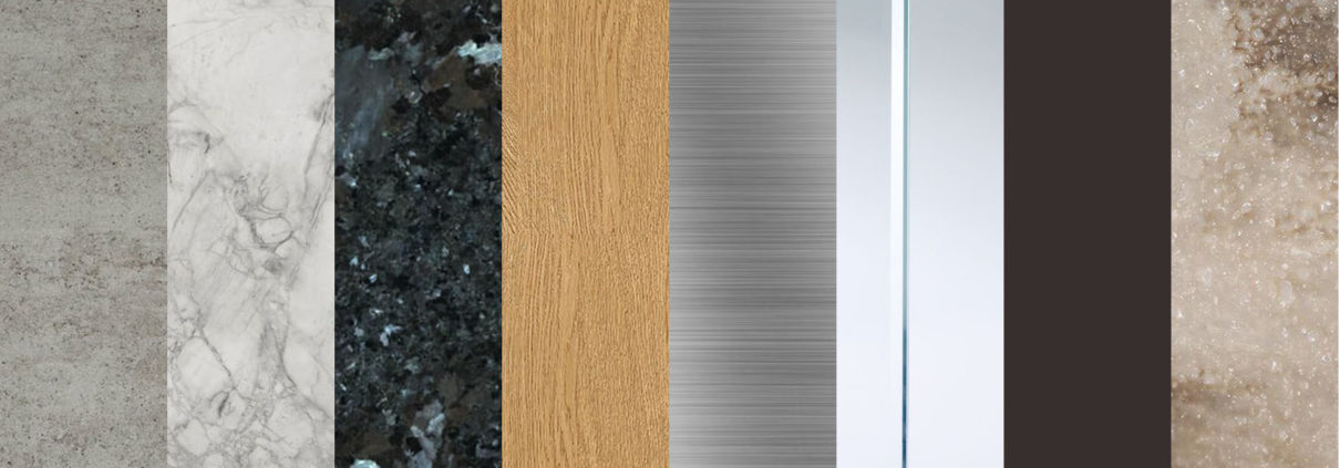 quartz, ceramic, stone, hardwood, metal, glass, laminate, composite materials for countertop in kitchen